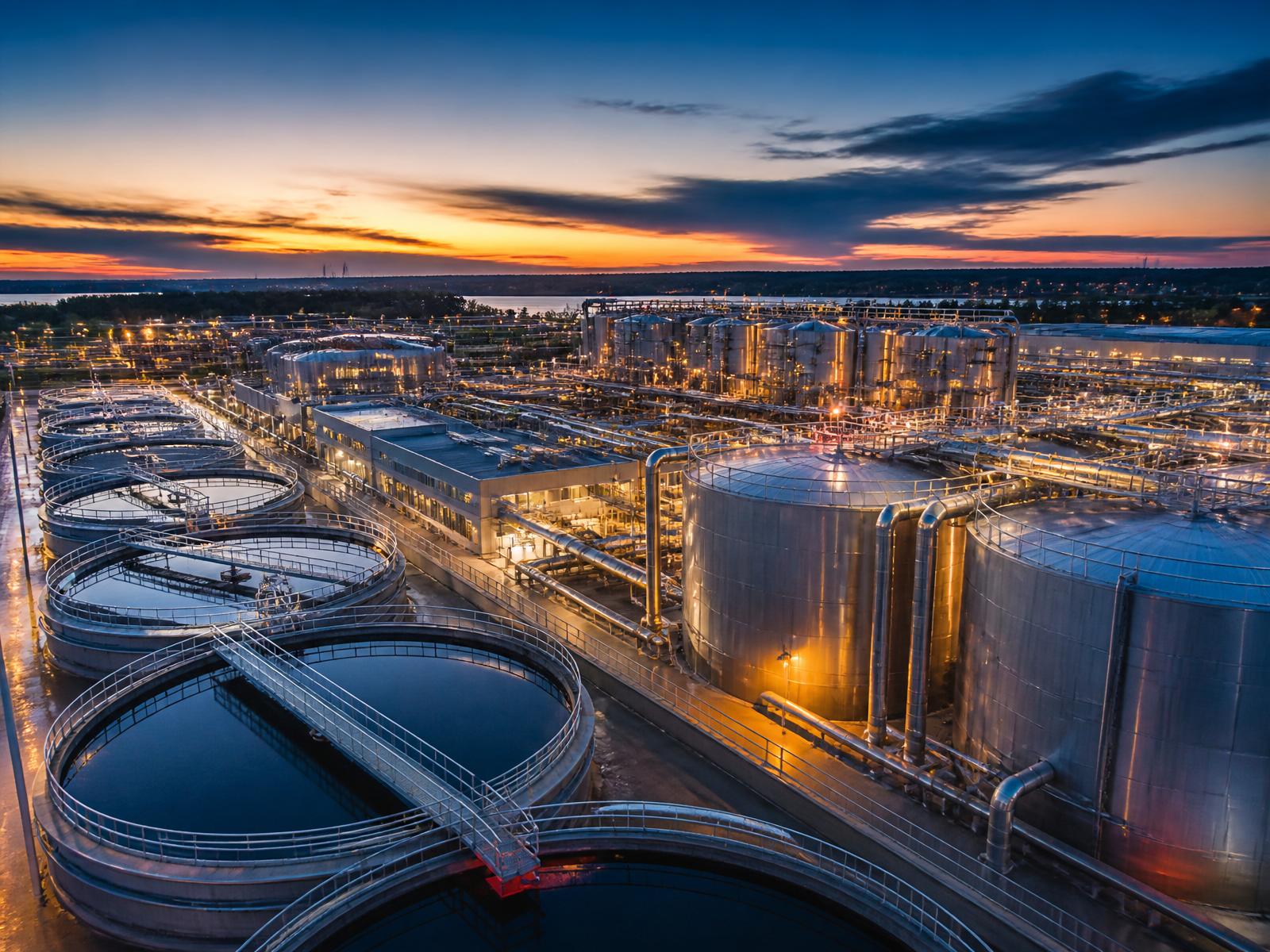 Planta industrial de tratamento de água com tanques e tubulações